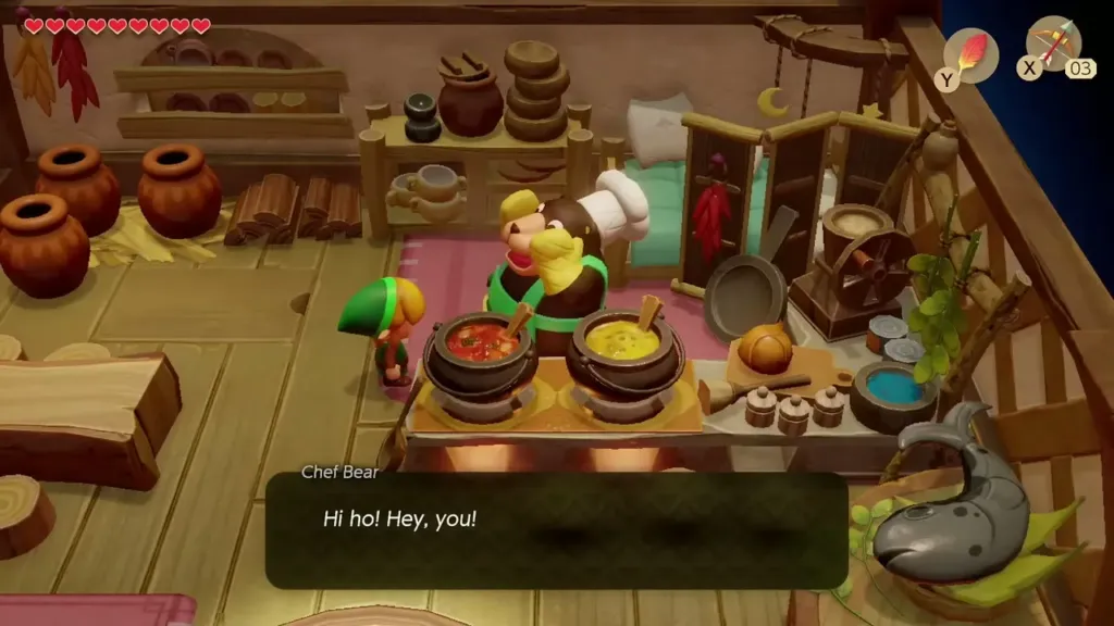 Chef Bear greeting Link in his Animal Village kitchen Chef Bear greeting Link in his Animal Village kitchen