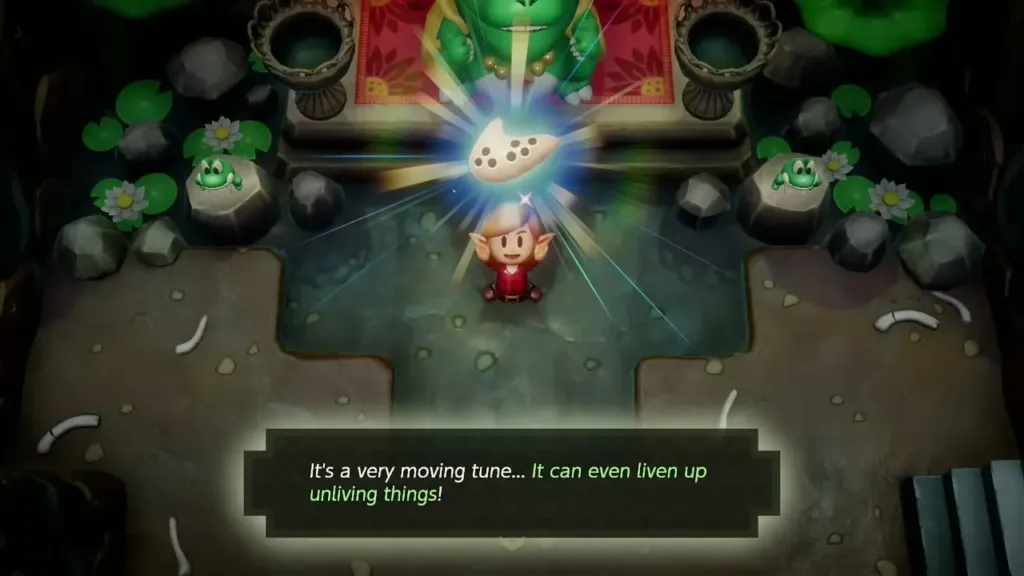 Link holding up the Ocarina after Mamu's concert in his cave Link holding up the Ocarina after Mamu's concert in his cave