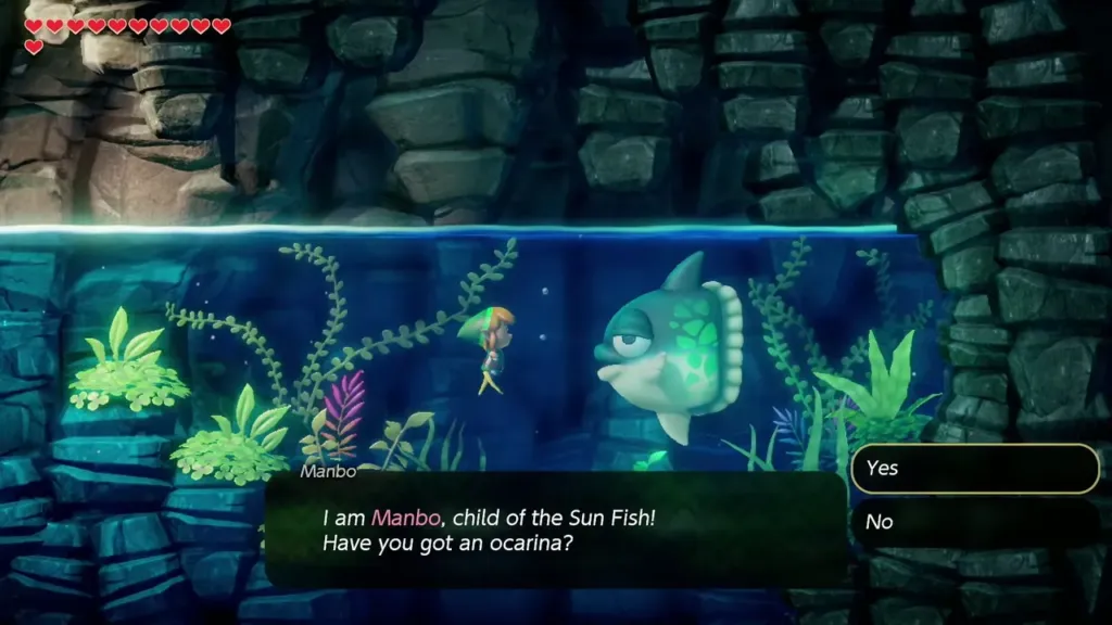 Manbo the Sun Fish asking Link underwater whether he has an ocarina Manbo the Sun Fish asking Link underwater whether he has an ocarina