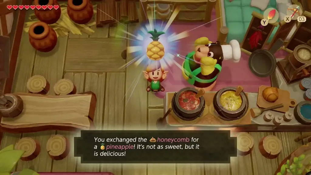 Link holding up the pineapple traded for the honeycomb in Chef Bear's kitchen Link holding up the pineapple traded for the honeycomb in Chef Bear's kitchen