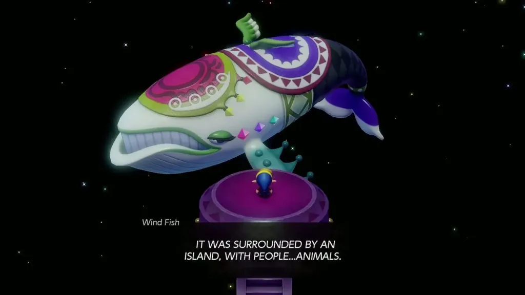 The Wind Fish speaking to Link above the purple pedestal The Wind Fish speaking to Link above the purple pedestal