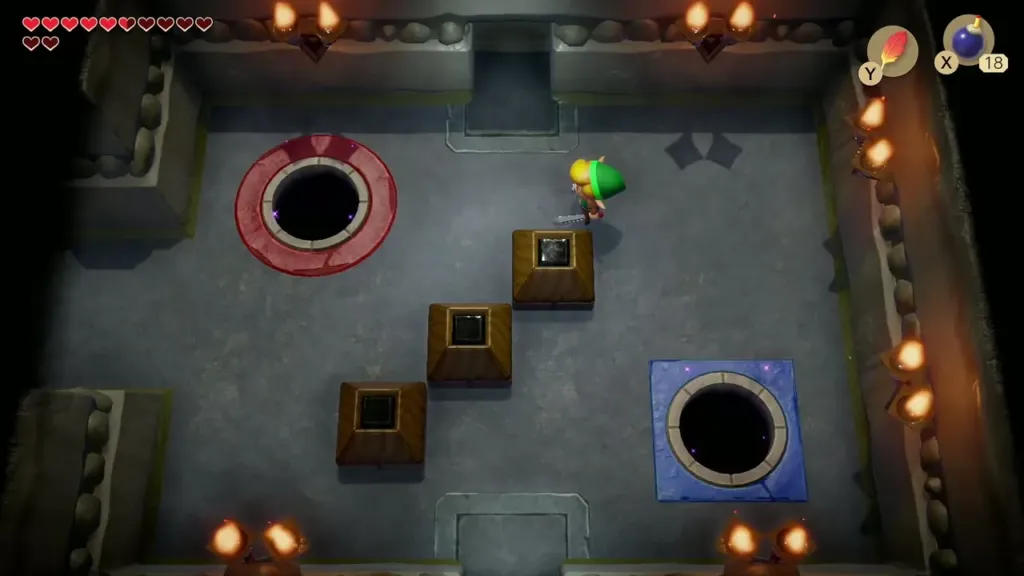 Link by the red and blue holes with the stone blocks