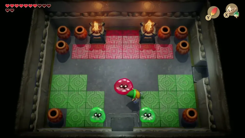 Link facing Camo Goblins on a patchwork of red and green tiles
