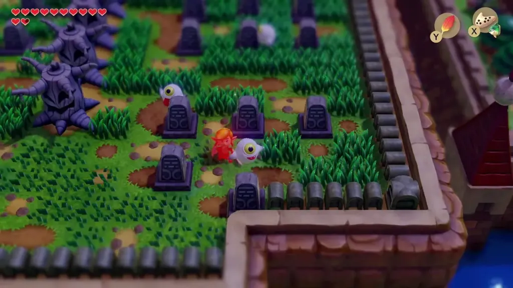 Link beside gravestones with a ghost close by in the Cemetery