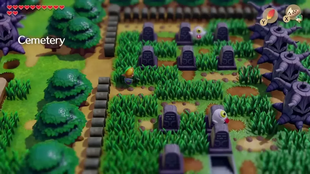 Cemetery gravestones in the graveyard where Link arrives