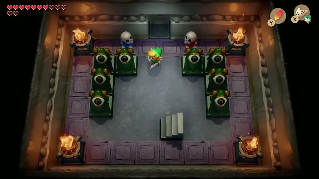 Color Dungeon entrance room with torches, skull pots and eye statues