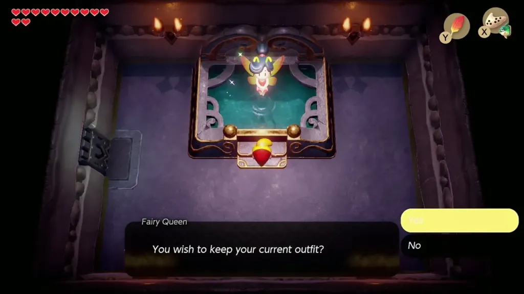 The Fairy Queen asking whether Link wishes to keep his current outfit