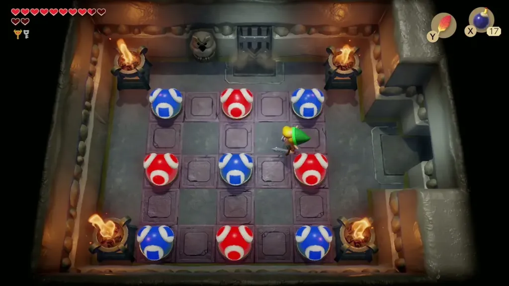 Nine red and blue orbs in the room before Link hits them