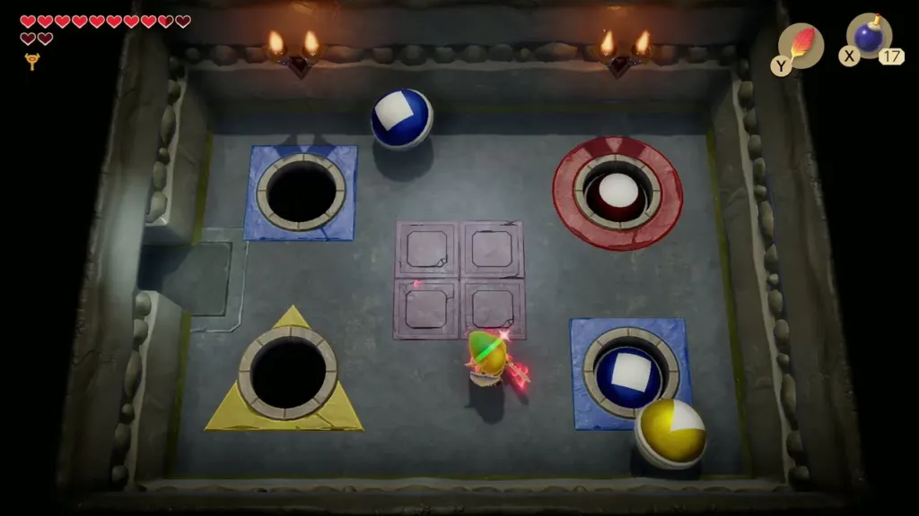 A blue orb in a hole and a white orb in the red hole as Link stands by