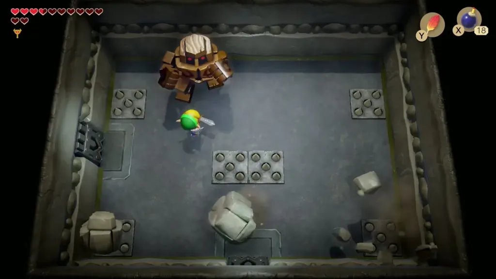 Stone Hinox in the spiked room as boulders crash down around Link