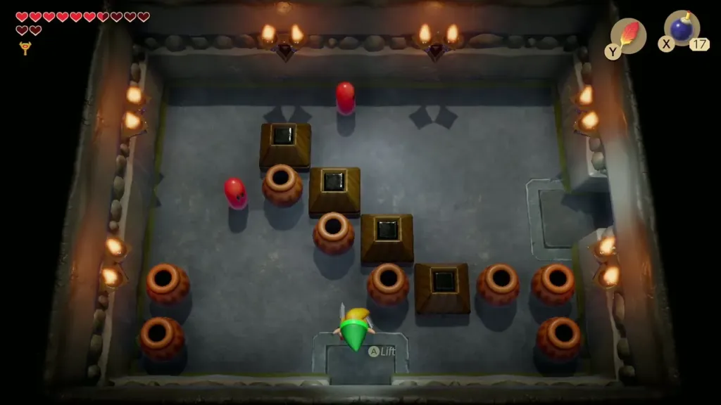 Link entering the room with stepping stone blocks, pots and red Zols