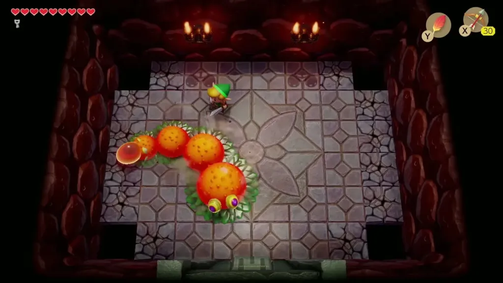 Link fighting a fiery caterpillar in a room of the Fill Up Your Hearts dungeon Link fighting a fiery caterpillar in a room of the Fill Up Your Hearts dungeon