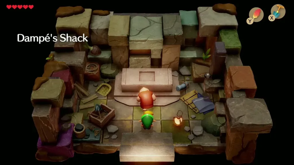 Link meeting Dampé in front of the altar inside his shack Link meeting Dampé in front of the altar inside his shack