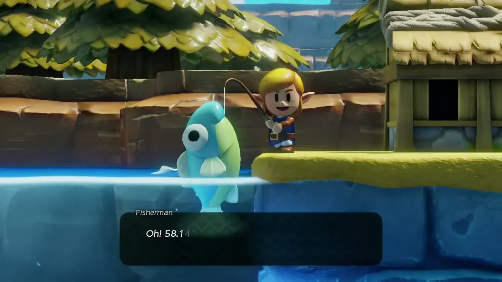 Link reeling in a big fish while the fisherman announces its length Link reeling in a big fish while the fisherman announces its length