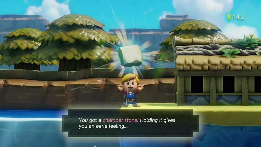 Link holding up a Chamber Stone with its message box at the Fishing Pond Link holding up a Chamber Stone with its message box at the Fishing Pond