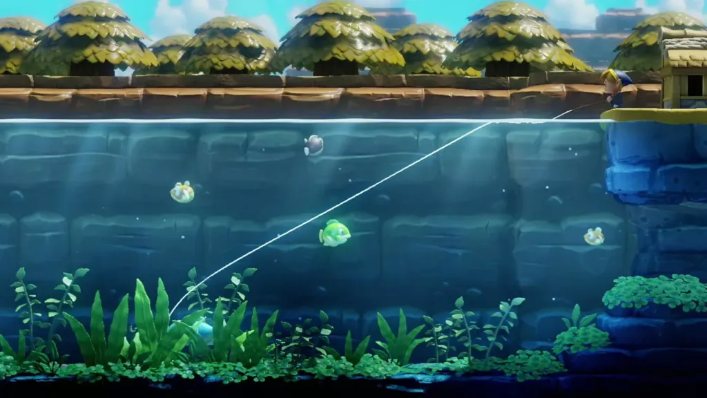 Link's fishing line cast into the pond with fish swimming below Link's fishing line cast into the pond with fish swimming below