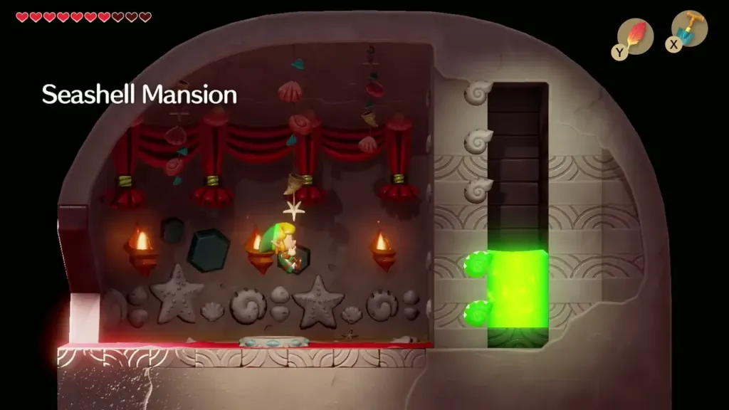 Link in the Seashell Mansion with the shell meter partly filled Link in the Seashell Mansion with the shell meter partly filled