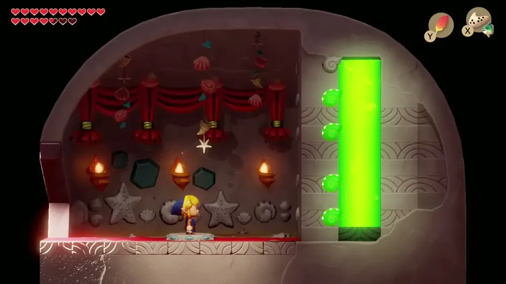 Link in the Seashell Mansion with the shell meter completely full Link in the Seashell Mansion with the shell meter completely full