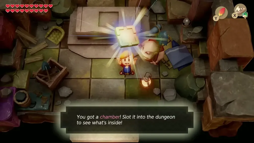 Link holding up a new chamber with its message box in Dampé's Shack Link holding up a new chamber with its message box in Dampé's Shack