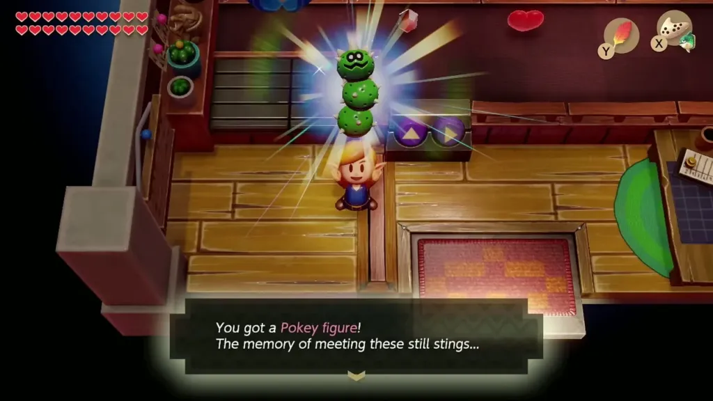 Link holding up a Pokey figure from the crane game with its message box Link holding up a Pokey figure from the crane game with its message box