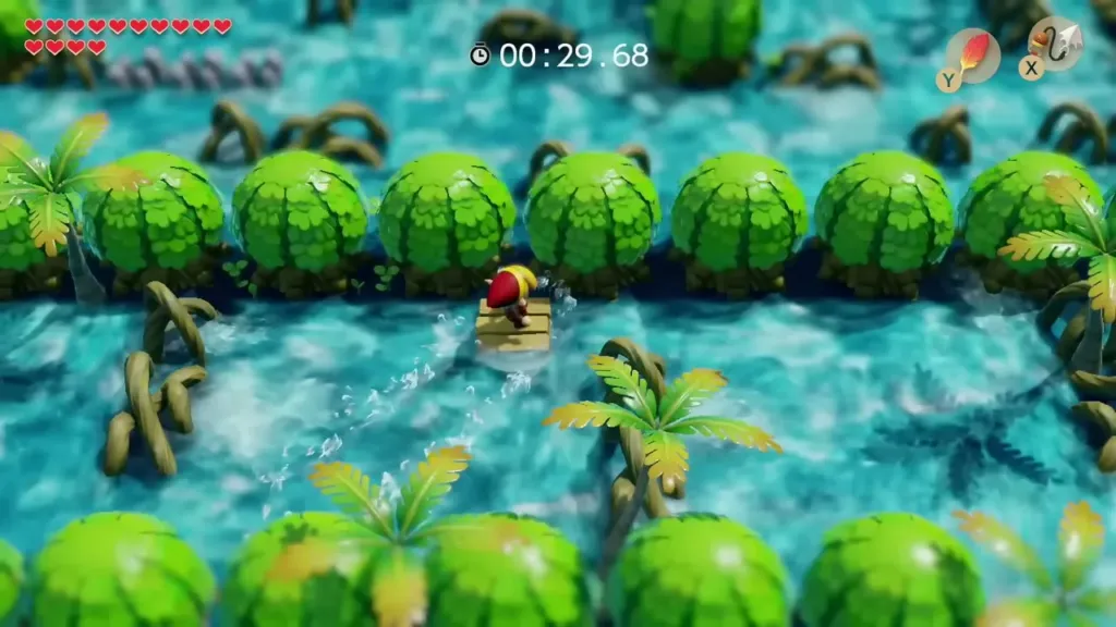 Link rafting past a row of bushes with the timer at 29 seconds Link rafting past a row of bushes with the timer at 29 seconds