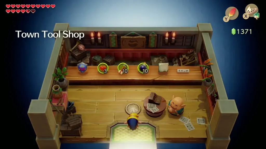 Link entering the Town Tool Shop beside the shopkeeper Link entering the Town Tool Shop beside the shopkeeper