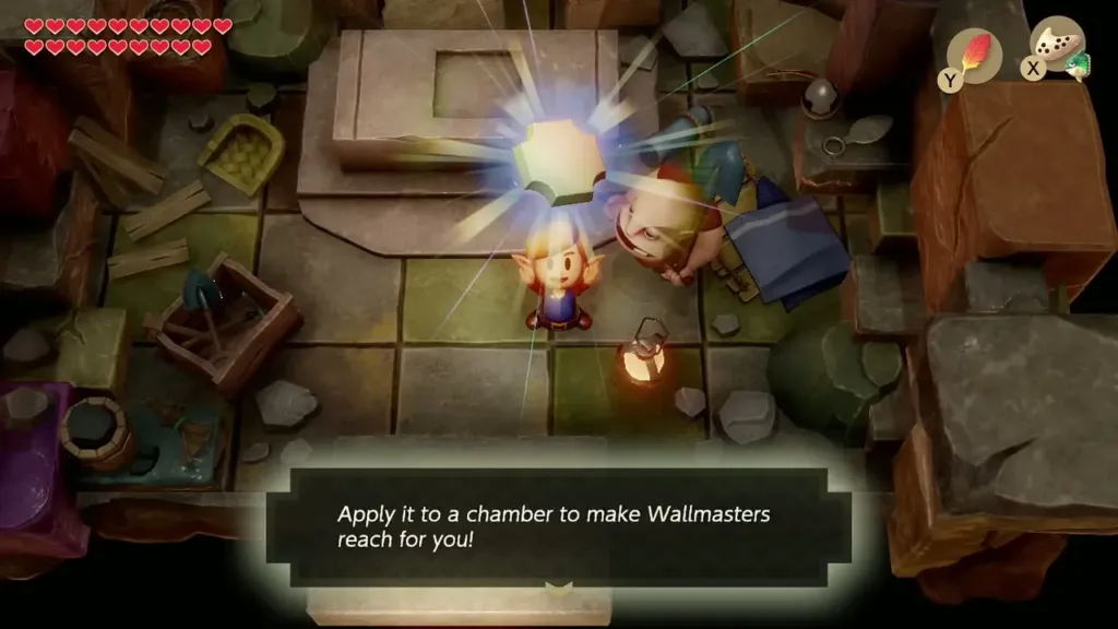 Link holding up the Wallmasters effect panel with its message box in Dampé's Shack Link holding up the Wallmasters effect panel with its message box in Dampé's Shack