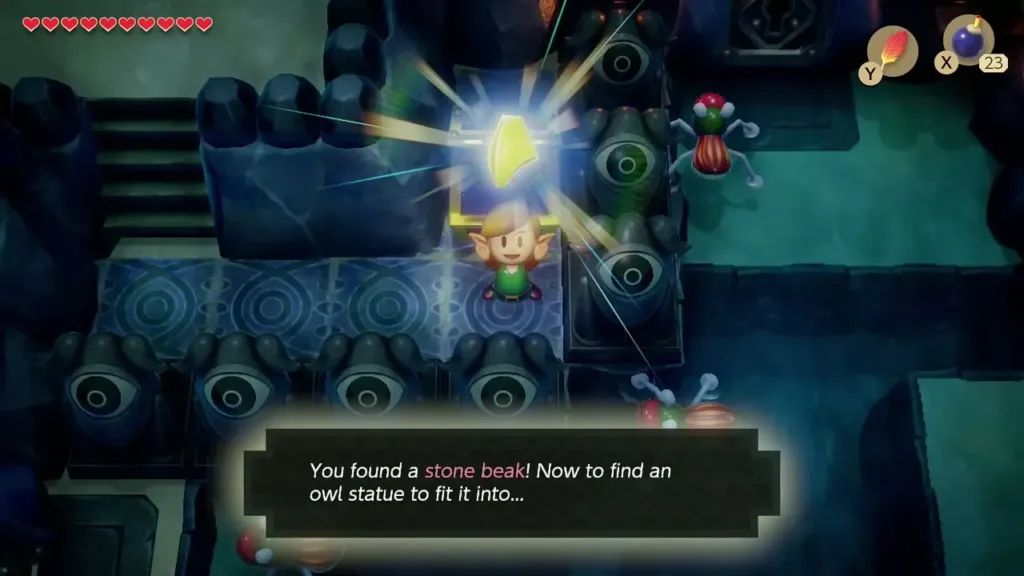 Link holding up the Stone Beak with its message box in Angler's Tunnel