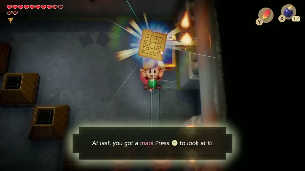 Link holding up the Dungeon Map with its message box in the Color Dungeon