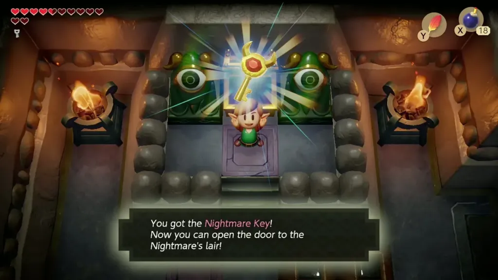 Link holding up the Nightmare Key with its message box in the Color Dungeon