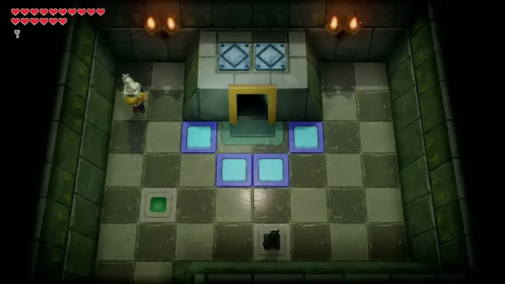 Link in the chessboard room with two horse statues and blue tiles