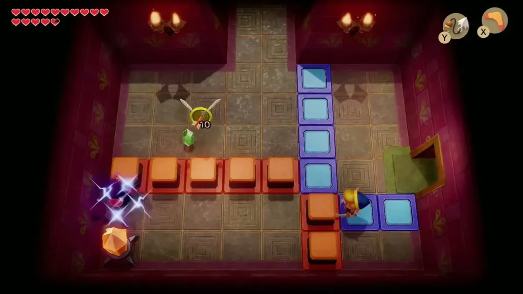 Link hitting the crystal switch in the orange and blue tile room