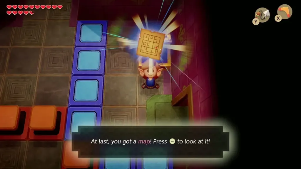 Link holding up the Dungeon Map with its message box in Face Shrine