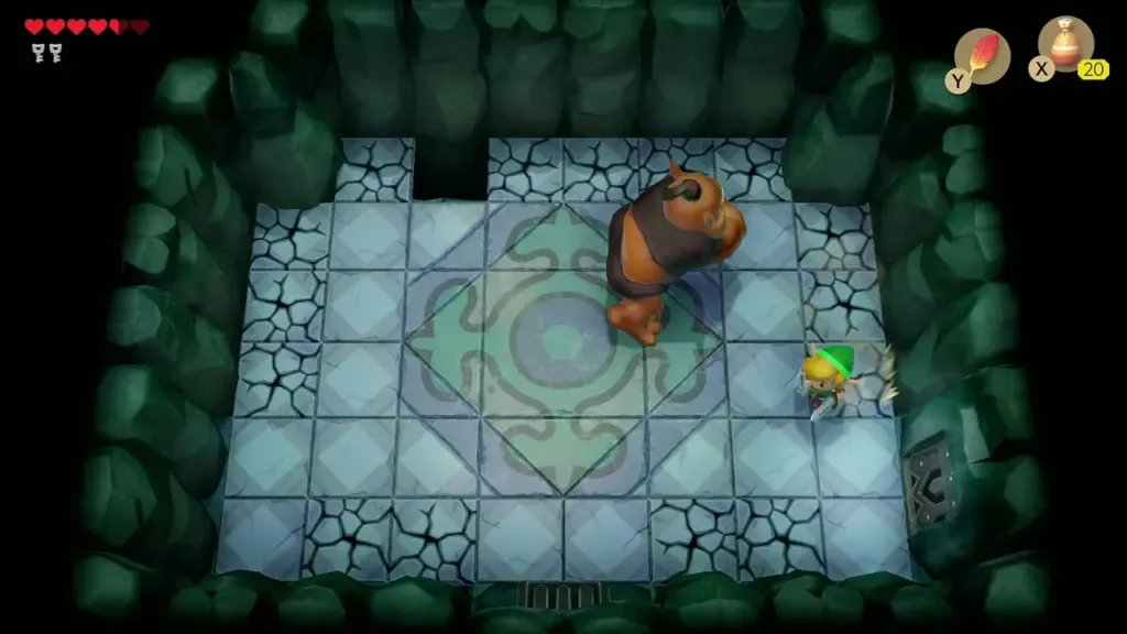 Link facing the Hinox in its tiled arena in Bottle Grotto