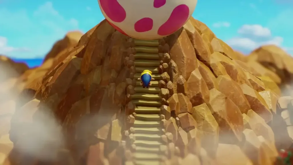Link climbing the stairs up Mt. Tamaranch toward the giant egg