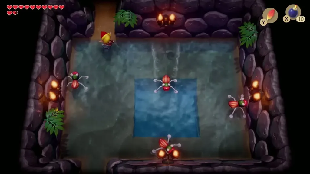 Link crossing a flooded Catfish's Maw room with water-skimming enemies around the pool Link crossing a flooded Catfish's Maw room with water-skimming enemies around the pool