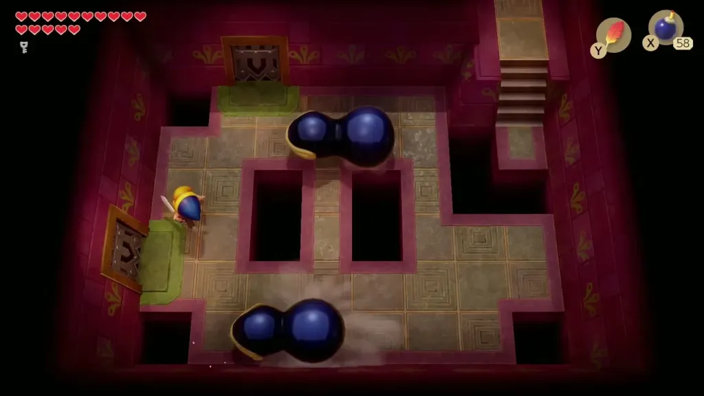 Link dodging big dark rolling enemies near the pits in the Face Shrine Link dodging big dark rolling enemies near the pits in the Face Shrine