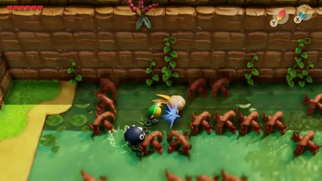 Link hitting a swamp creature in the Goponga thorns with Bow-Wow behind him Link hitting a swamp creature in the Goponga thorns with Bow-Wow behind him
