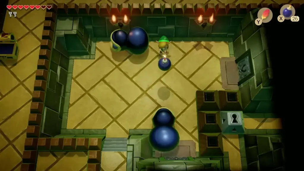 Link dropping a Bomb near big bouncing dark ball enemies in Key Cavern Link dropping a Bomb near big bouncing dark ball enemies in Key Cavern