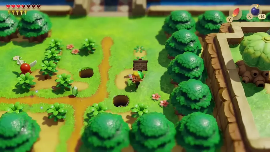 Link on a Ukuku Prairie path with a Red Octorok approaching Link on a Ukuku Prairie path with a Red Octorok approaching