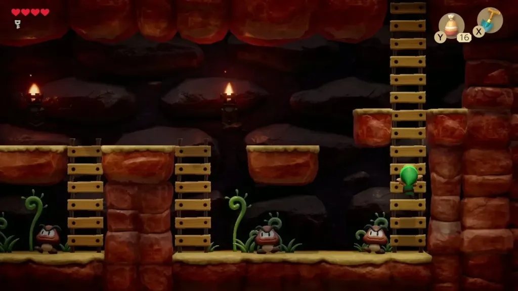 Link climbing a ladder in a side-scrolling Tail Cave room above walking Goombas Link climbing a ladder in a side-scrolling Tail Cave room above walking Goombas
