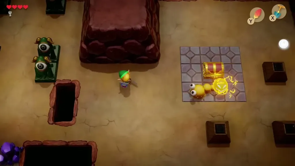 Link approaching a chest guarded by a yellow caterpillar and a Spark Link approaching a chest guarded by a yellow caterpillar and a Spark
