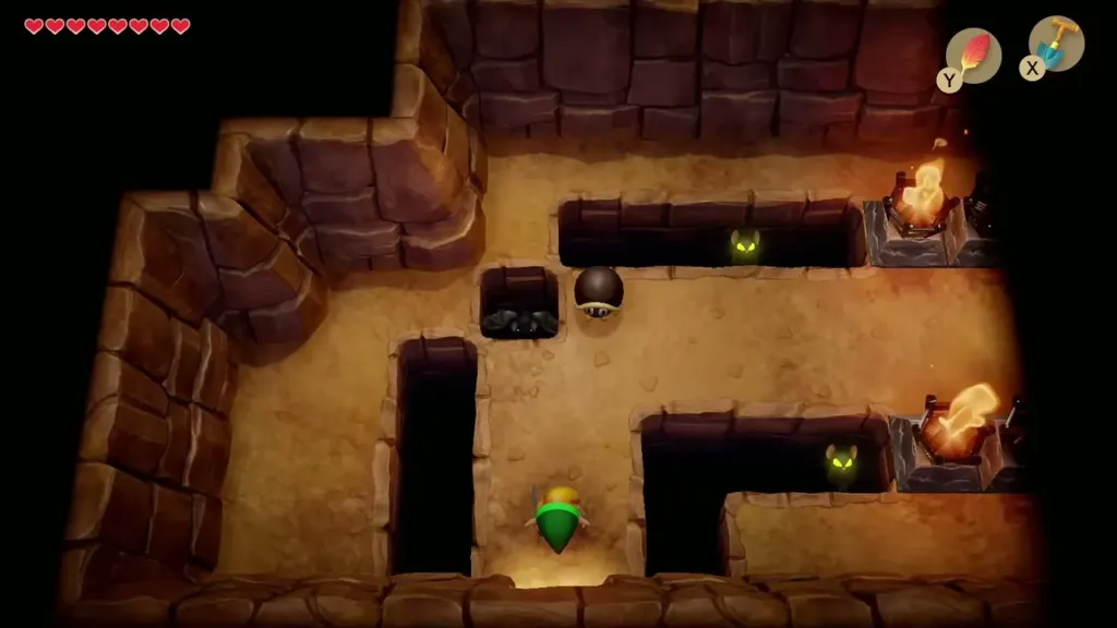 Link in a dark Tal Tal cave with Keese eyes glowing near the ledges Link in a dark Tal Tal cave with Keese eyes glowing near the ledges