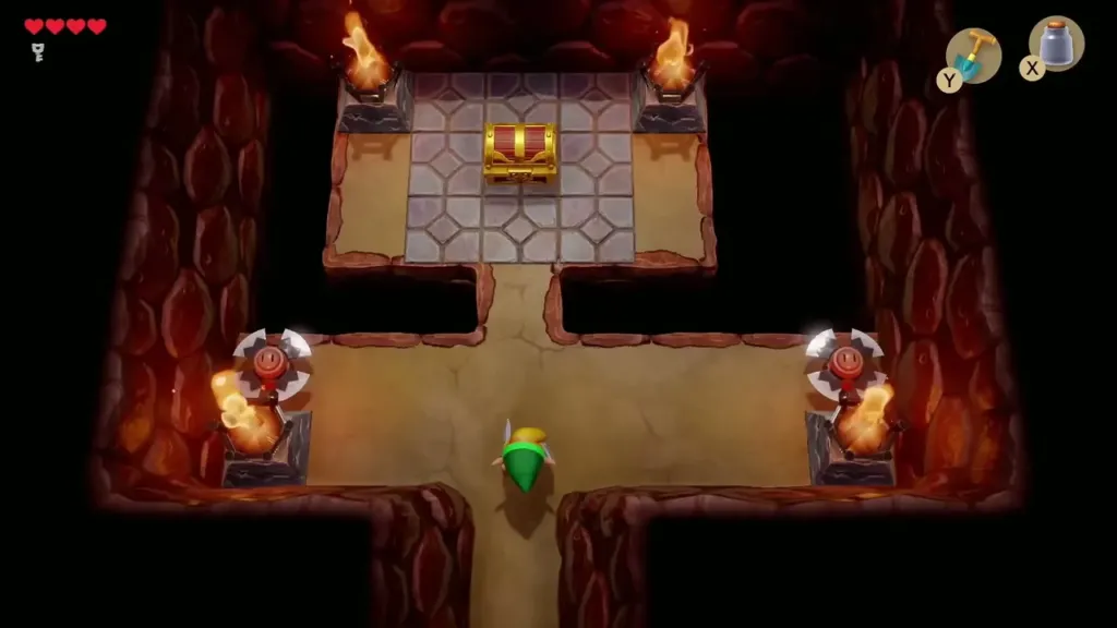 Link walking toward a chest with a spinning Trap on each side of the path Link walking toward a chest with a spinning Trap on each side of the path