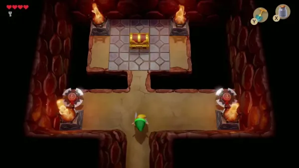 Link walking toward a chest with a spinning Trap on each side of the path Link walking toward a chest with a spinning Trap on each side of the path