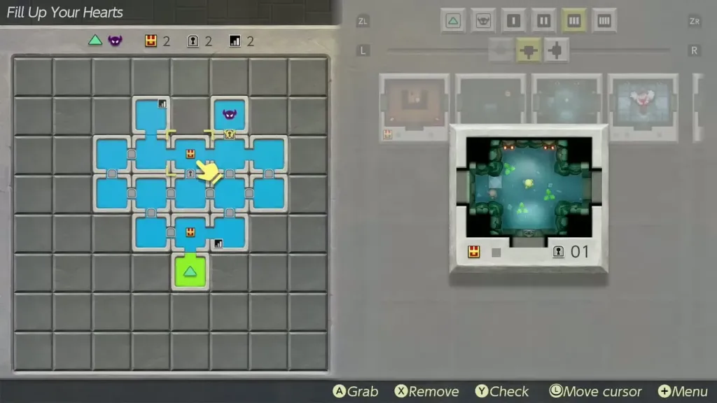 A heart-shaped dungeon being laid out room by room A heart-shaped dungeon being laid out room by room