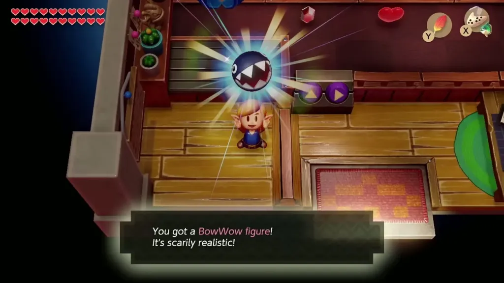 Link holding up the BowWow figure with its message box shown in full Link holding up the BowWow figure with its message box shown in full
