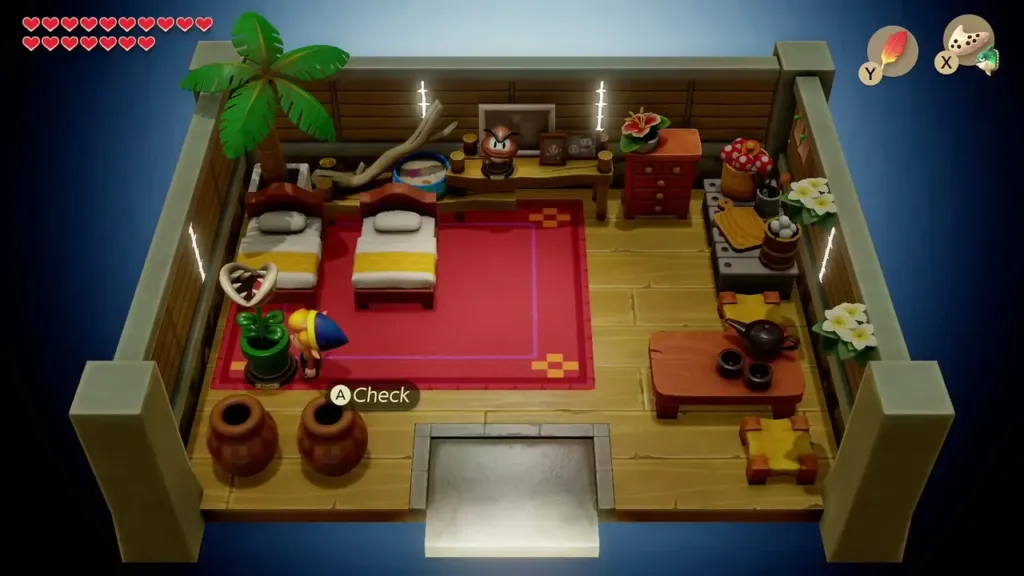 Link beside the beds in Marin and Tarin's house, about to check the figure stand Link beside the beds in Marin and Tarin's house, about to check the figure stand