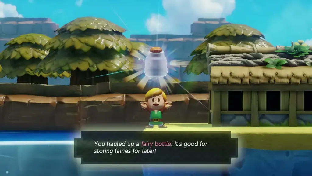 Link holding up the empty bottle hauled from the pond with its item box shown Link holding up the empty bottle hauled from the pond with its item box shown