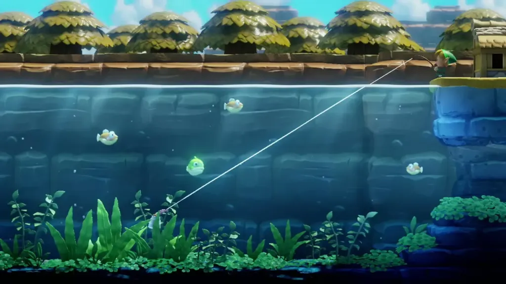 The line dragging the lure through the seaweed at the pond floor The line dragging the lure through the seaweed at the pond floor